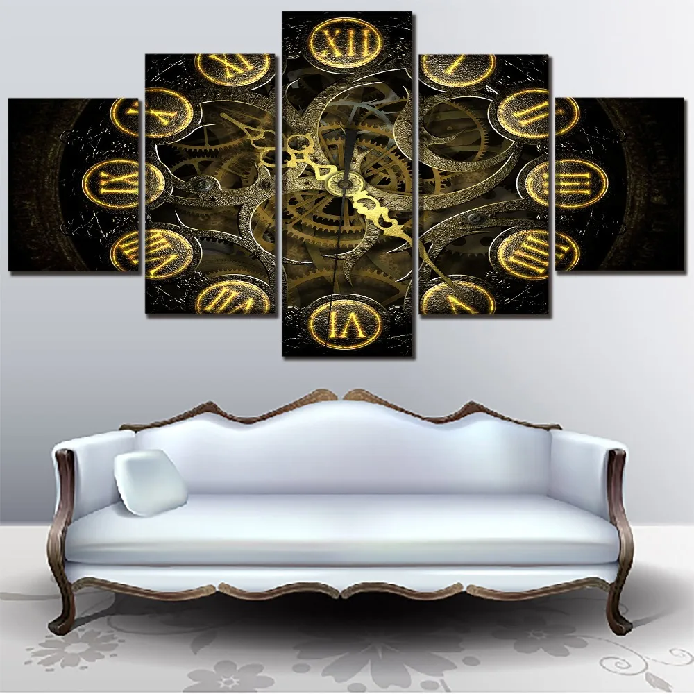 

5 Panel Clock Steampunk Poster Modern Wall Art Decorative Picture Modular Framework Canvas Print Painting For Home Decorative