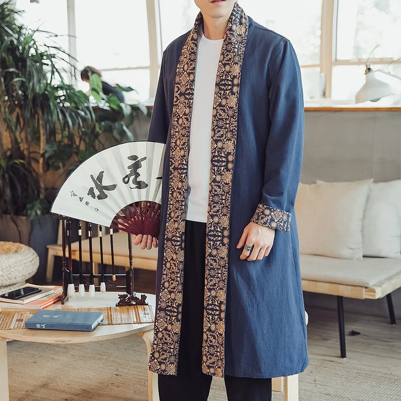 2019 Spring Open Stitch Coat Linen Men Long Dust coat Chinese Style han fu Loose Printed Clothing Plus size Tang suit 2019 Spring Open Stitch Coat Linen Men Long Dust coat Chinese Style han fu Loose Printed Clothing Plus size Tang suit
