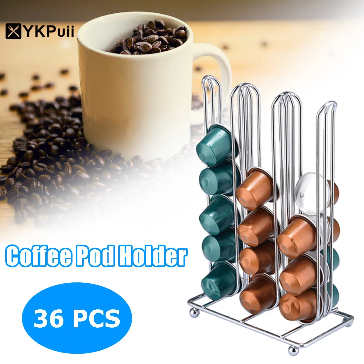 

YKPuii 36 Pod Metal Portable Coffee Capsule Holder Storage Stand Chrome Tower Mount Rack Stand Revolving Display Storage Rack