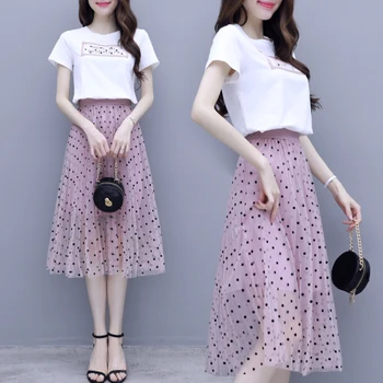 

Short Sleeve White Top Fashion Light Pink Pleated Skirts Polka Dot Mesh Transparent Two Piece Set Letter Elegant 2 Sets Woman