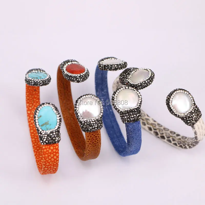 

5pcs Nature Pearl / Stone Snake Leather Bangle, Mixed Style Crystal Paved Assorted Stone Bangle