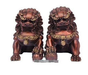 Chinese Bronze Brass Guardian Foo Fu Dog Phylactery Door Lion Pair Statue 6.5/"
