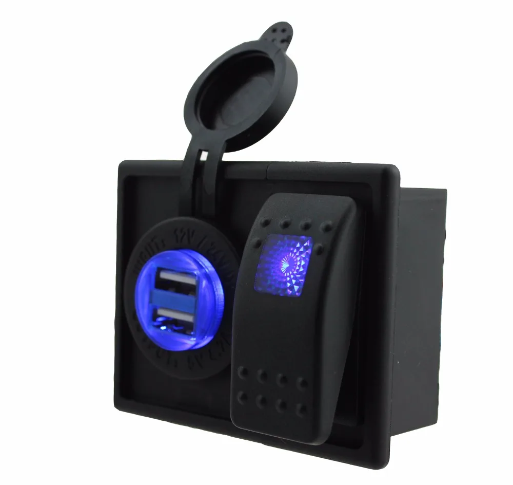 1 pcs DC 12V 24V Blue 4.2A Double USB Port Blue Led Rocker Switch with