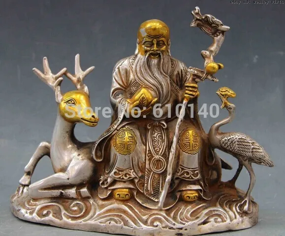 

9 Chinese Folk White Copper Silver Ride Deer Longevity Crane god Buddha Statue