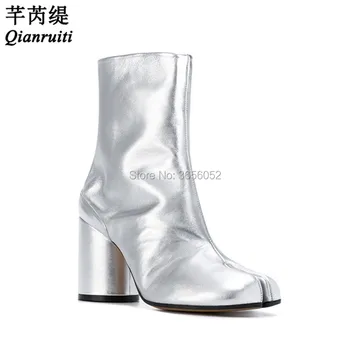 

Qianruiti Fetish Runway Shoes Leather Black White Silver Ankle Botas Mujer Cylindrical Block Heel Split Toe Cleft Boots Women