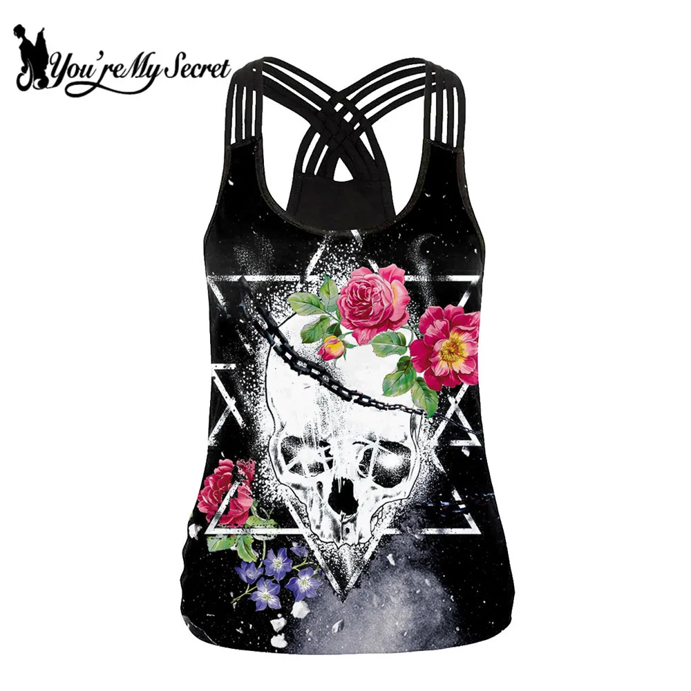 

[You're My Secret] New Arrival Summer Sexy Backless Women Tank Top Scary Skull Printing Sling Tops Gothic Sleeveless Vest Top