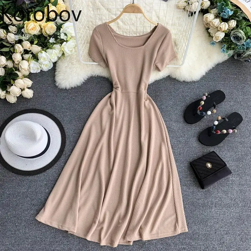 

korobov Fashion Basic Ladies Slim Knit Summer Midi Long Dress Party Women Dresses Elastic Waist Casual A-Line Vestidos 78482