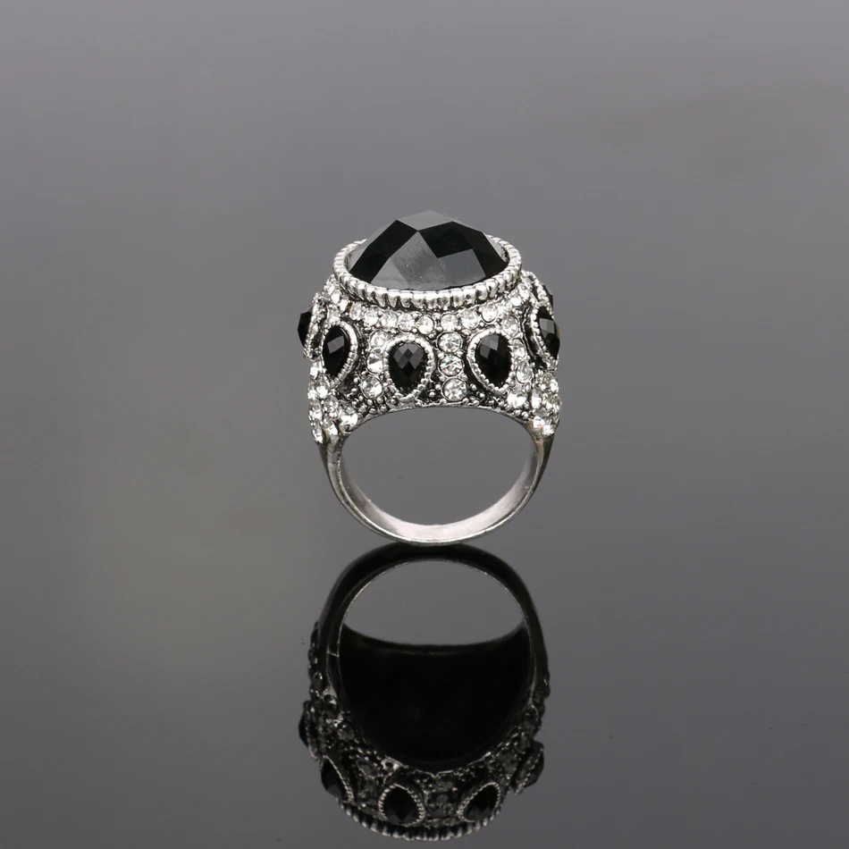 Kinel Vintage Jewelry 2016 New Bohemia Punk Black Big Ring Silver Plated Mosaic Crystal Wedding Rings For Women New Year Gift