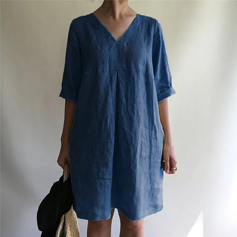 

JAYCOSIN 2019 Women Summer Dress Lady Solid Half Sleeve V-Neck Cotton Linen Casual Mini Dress Loose Casual Dress Sundress jun5#4