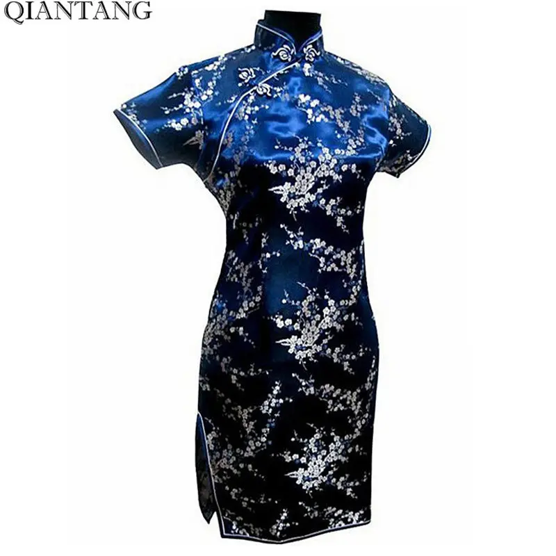 

New Arrival Navy Blue Chinese Women's Satin Cheongsam Mini Qipao Dress Mujere Vestido Flower S M L XL XXL XXXL 4XL 5XL 6XL J4031