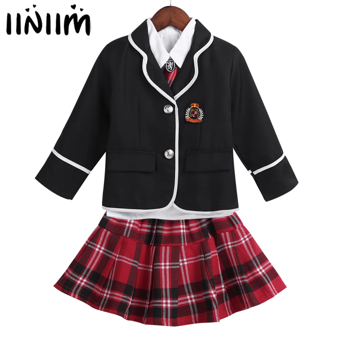 

Kids Girls British Style School Uniform Anime Costume Suit Long Sleeve Coat with Shirt Tie Mini Skirt Set