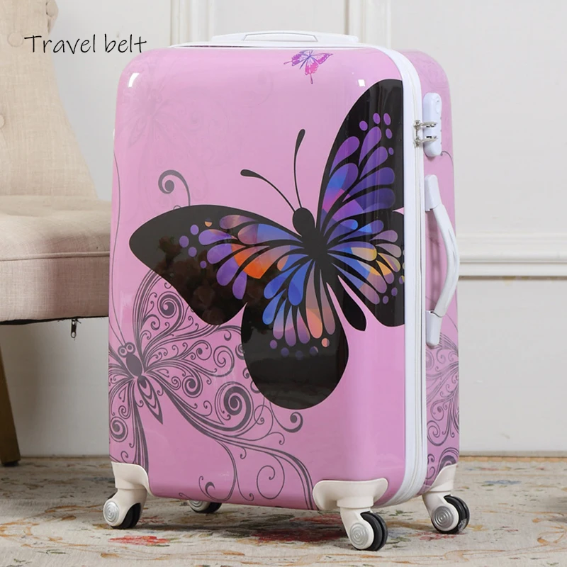 Travel Belt Fashion Women Retro butterfly 20/24/26 inch Rolling Luggage Spinner Men Travel Bags Suitcase Wheels