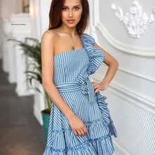 Платье Лето Новинка европейские и американские модели светло-голубой полосатый с оборками полиэстер хлопок женское платье B11+ костюм
