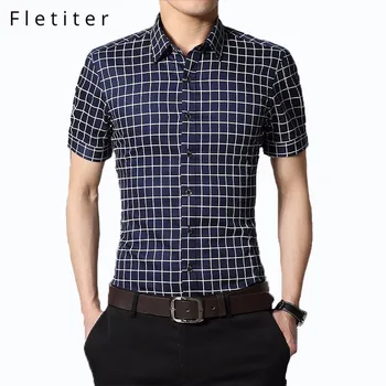 

Fletiter 2019 Men's Plaid Cotton Dress Shirts Male High Quality Short Sleeve Slim Fit Business Casual Shirt Plus Size 5XL