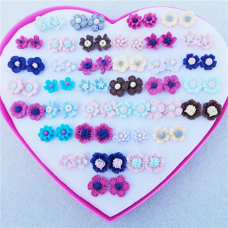 

Resin Flowers Stud Earrings Children Girls Jewelry With Heart Box 36pairs/lot Mix Colors Styles