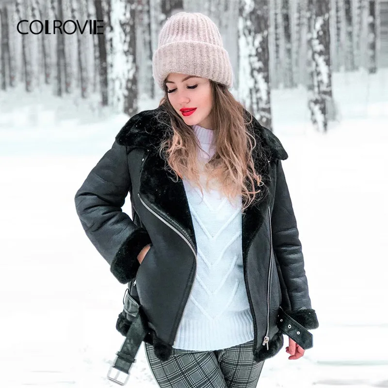 Женская куртка из пу кожи COLROVIE черная байкерская с карманами на молнии и поясом