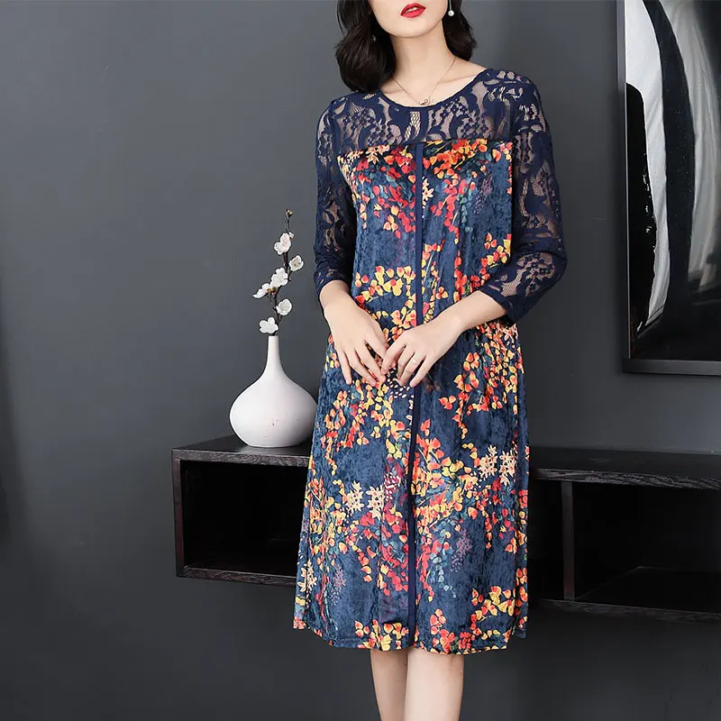 

Женское платье большого размера, осеннее платье с принтом, модное кружевное платье с рукавами, повседневное Пляжное Платье До Колена