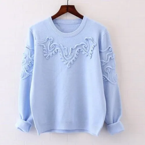 

skyblue surface flowers o-neck long sleeve Knitted pullover mori girl Sweaters