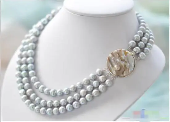 

Hot sale new Style >>>>> 3row 10mm gray round freshwater cultured pearl necklace