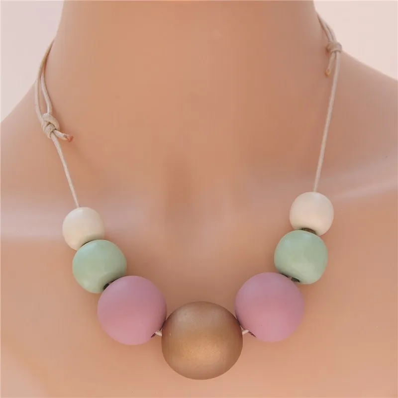 

1pc Colorful Wooden Necklace Nature Wood Ball Wrap Rope Chain Bohemian Style Choker Statement Jewellry