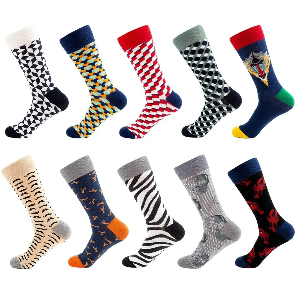 PEONFLY 2019 Hot Sale Casual Men Socks New Fashion Design Plaid Colorful Happy Business Party Dress Cotton | Мужская одежда