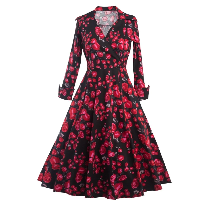 

robe vintage rockabilly Women long sleeve bow lace-up shirt collar floral print swing wrap dress Retro 50s 60s frocks sukienka