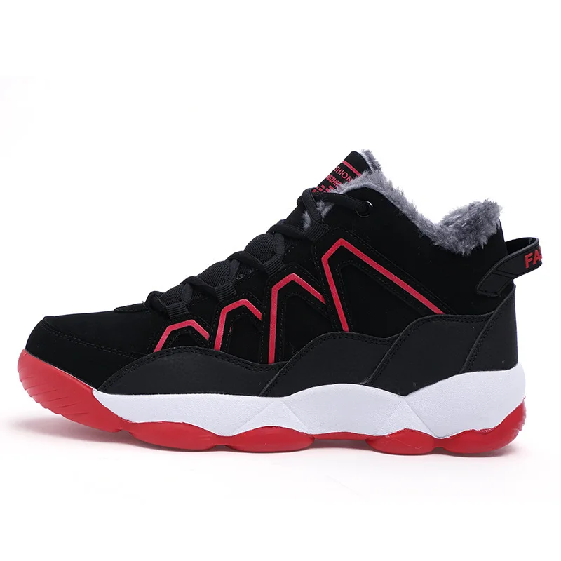 XEK, новинка, зимние мужские и женские кроссовки с мехом, плюшевая спортивная обувь для бега, сохраняющая тепло, меховые спортивные кроссовки унисекс, пара кроссовок JH55 - Цвет: black red