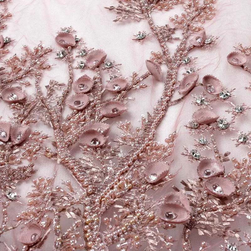Розовый La Belleza ручной работы бисером кристалл off white/Blace/Ветер 3D Цветы вечернее платье кружевной ткани 1 ярд - Цвет: Розовый