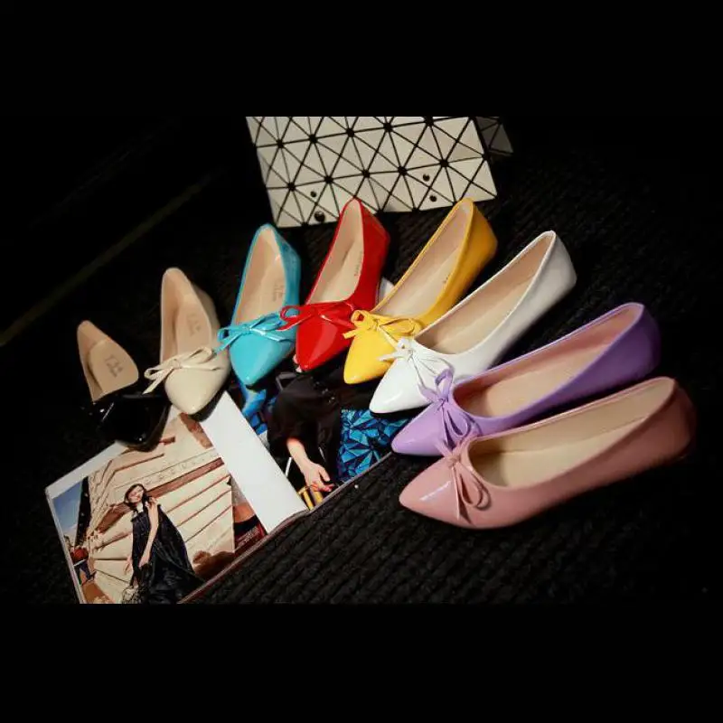 

Candy Color Women Flat Shoes Knot Bowtie Slip On 2016 Summer Spring Pointed Toe Flats Woman Patent Leather Ladies Working Shoes