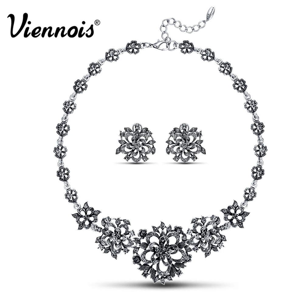 Viennois Coffee Gold/Vintage Silver Color Bridal Jewelry Sets For women Hollow Flower Necklaces Earrings Set Rhinestone Jewelry Viennois Coffee Gold/Vintage Silver Color Bridal Jewelry Sets For women Hollow Flower Necklaces Earrings Set Rhinestone Jewelry
