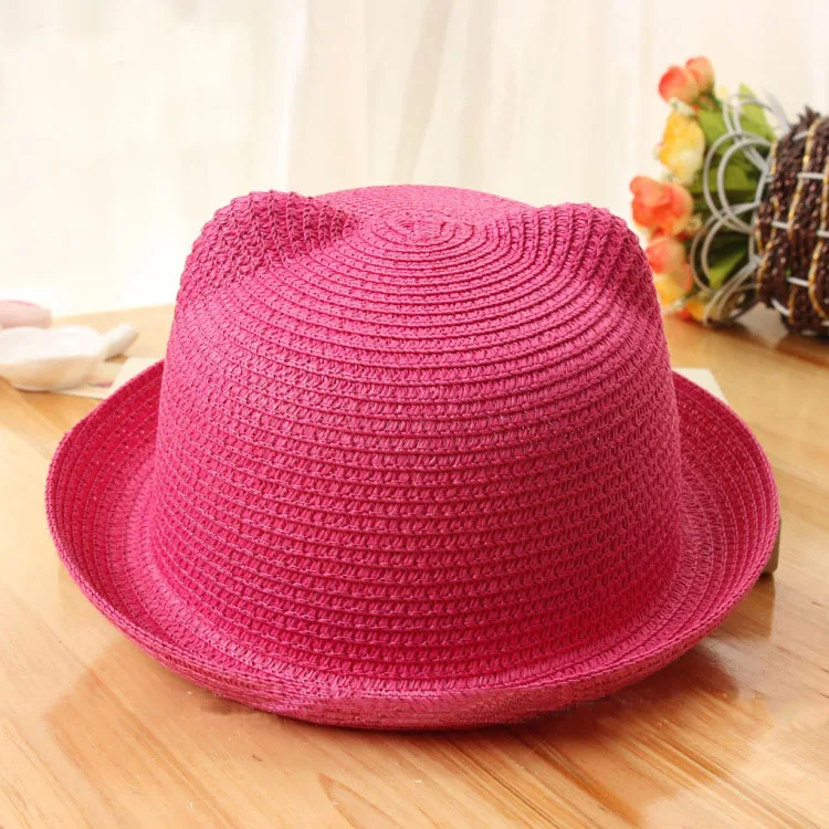 style2 rose red Новая летняя соломенная шляпа для мальчиков и девочек, одноцветная пляжная шляпа с милыми кошачьими ушками для маленьких девочек, детская Кепка-Панама, Casquette Enfant - Цвет: style2 rose red