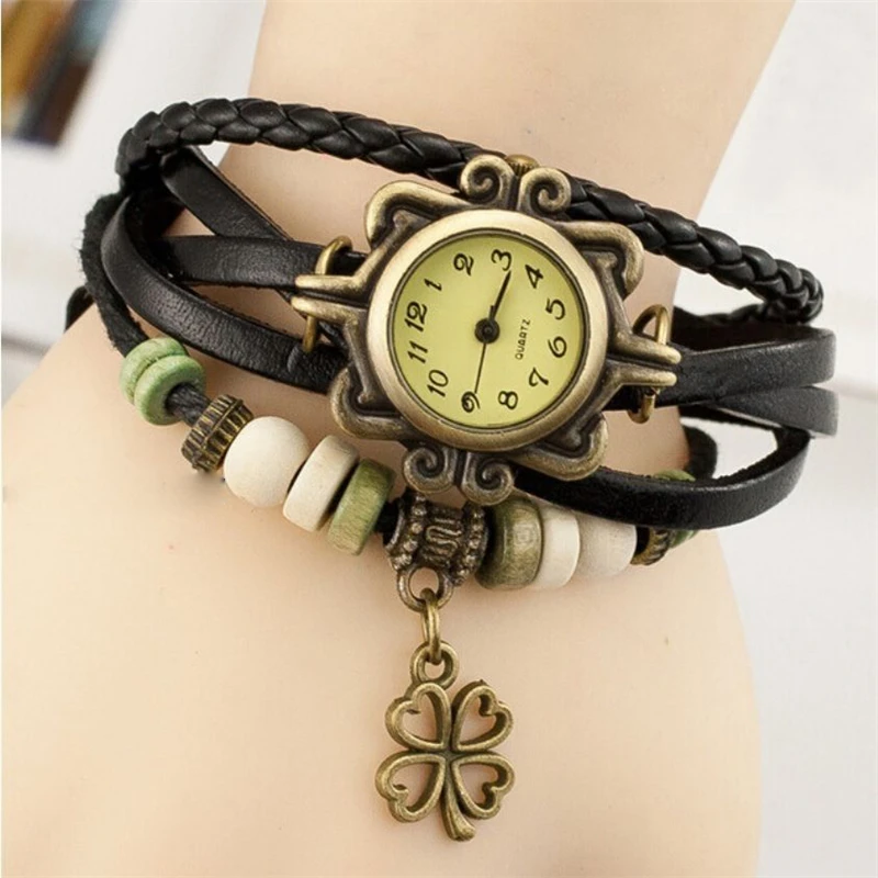 Модные браслеты, женские часы, часы с четырехлистным клевером, женские ретро часы с браслетом