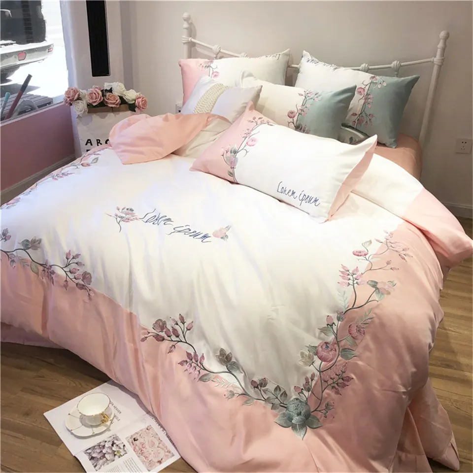 Bed Linen Euro Egyptian Cotton Bedding Set With Embroidery Princess Pure Silk Bedsheet Rose Pink Girls Duvet Cover 220x230