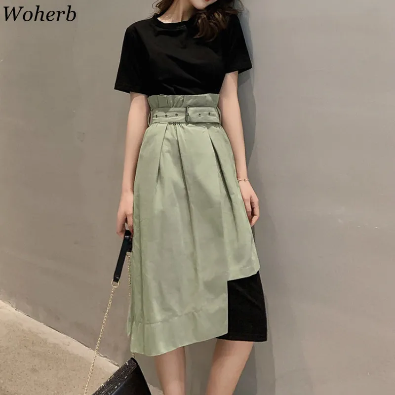 

Woherb Summer Shirt Dress and High Waist Skirts Two Piece Set Women 2019 Korean Elegant Tracksuit Ladies Casual Outfits 21693