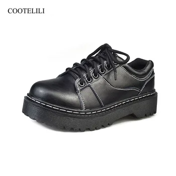 

COOTELILI Fashion PU Leather Flat Shoes Red Black Platform Shoes Ladies Lace Up Flats Casual Girls Shoe Creepers 35-40