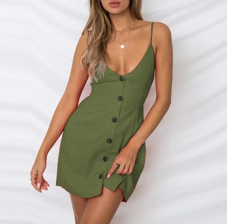 Toppies, женское летнее пляжное платье без спинки, однотонное мини-платье с v-образным вырезом и пуговицами - Цвет: Армейский зеленый