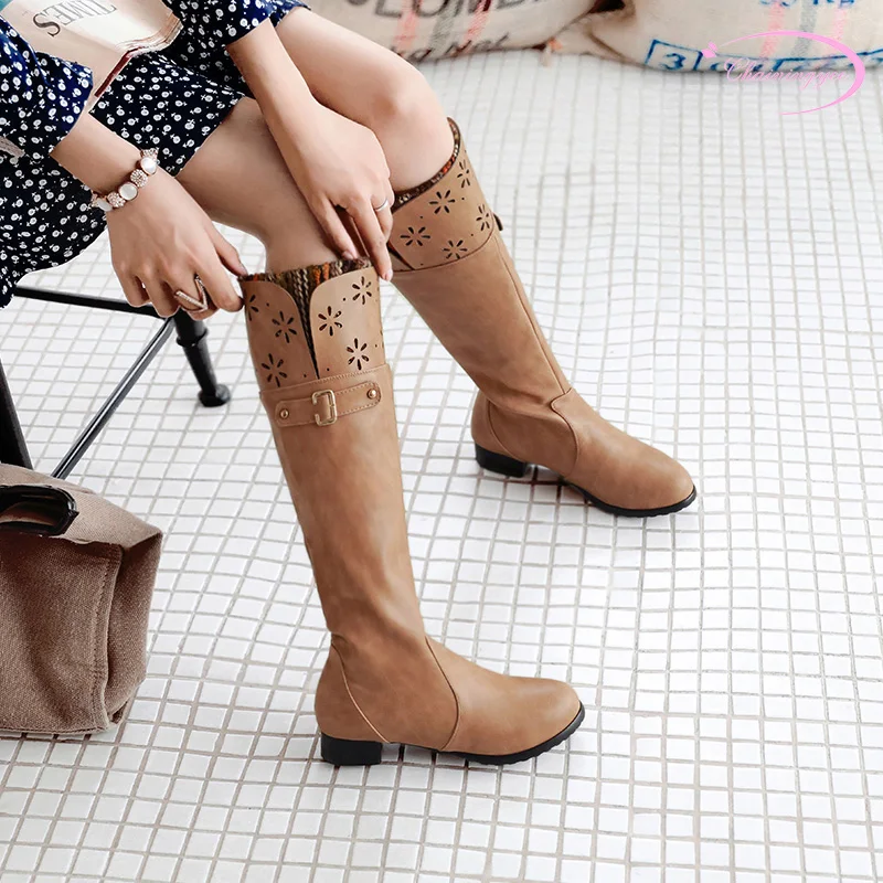 

College casual style round head knee high boots flower belt buckle yellow black apricot medium heel thick women's riding boots