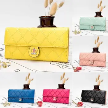 

Faux Leather Lady Women Long Check Purse Clutch Crown Wallet Card Solid PU Holder Handbag