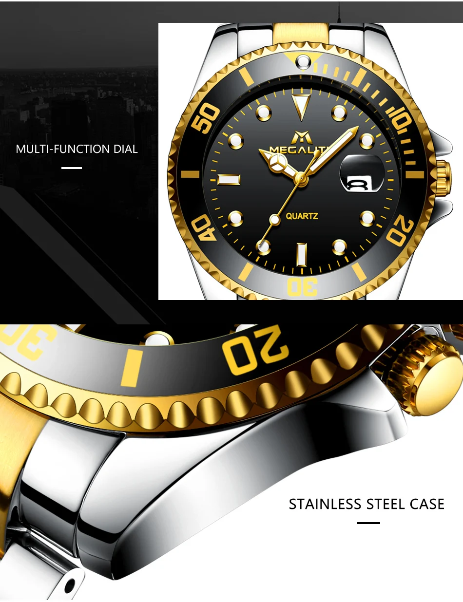 Бизнес повседневное для мужчин часы MEGALITH лучший бренд класса люкс мужские водонепроницаемые часы аналоговый Дата нержавеющая сталь