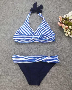

Fresh blue striped ladies swimsuit large size sexy bikini beach suit
