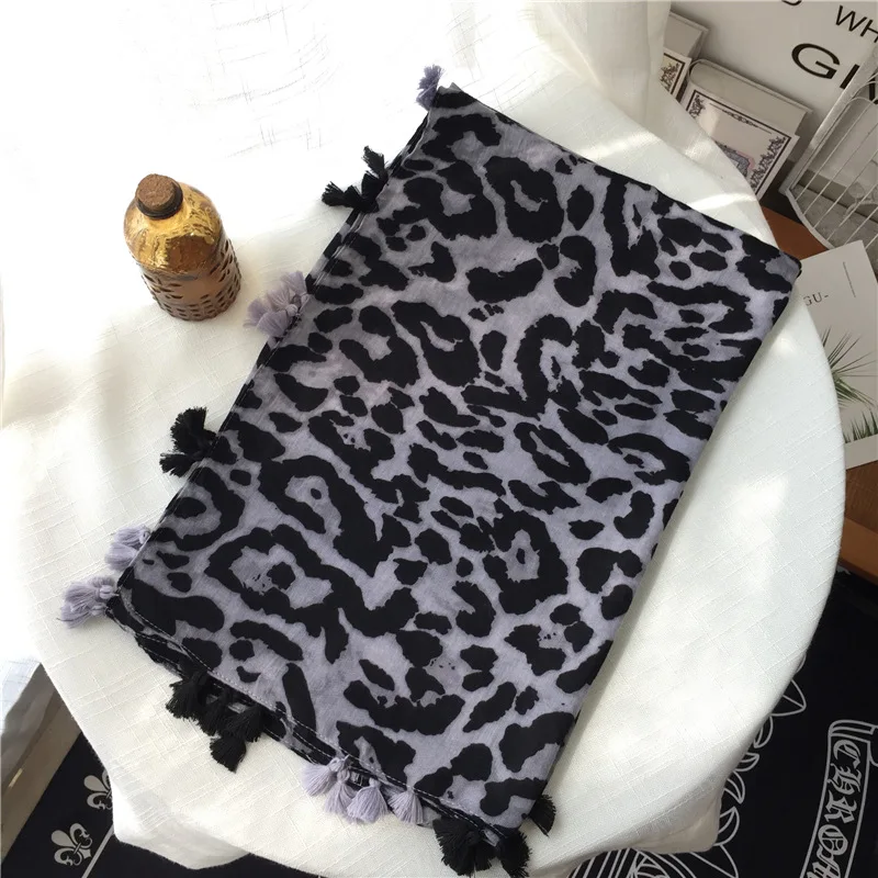 Черно-серый Леопардовый шарф, Теплый леопардовый длинный шаль из вискозы, мягкий шарф для шеи, шейный платок, Apaszka