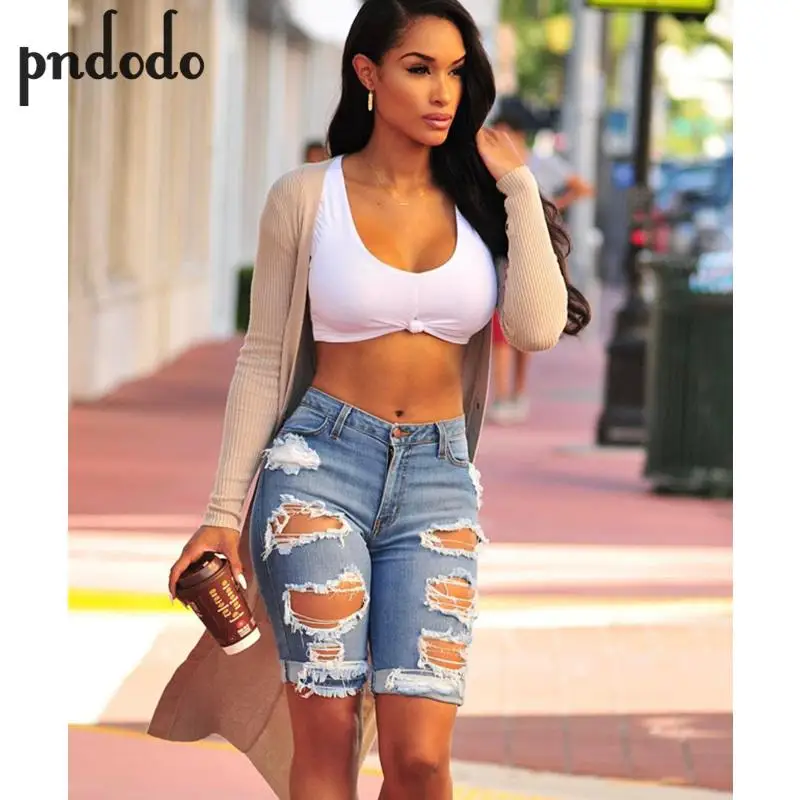 

Pndodo 2017 Women Jeans Denim Pant Casual Knee Length Hole Mid Waist Sexy Denim Jeans