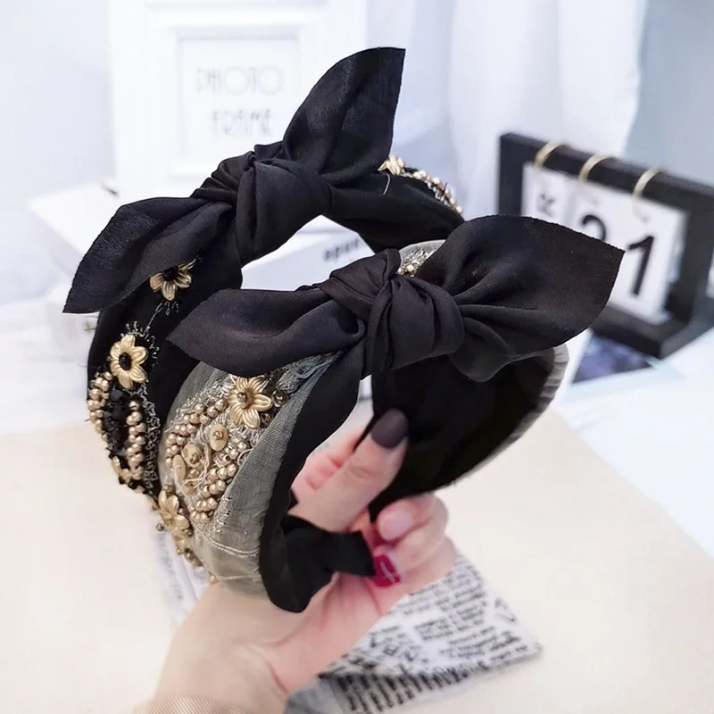 

New fashion high quality fabric flower lace hairband for women girls embroidery headband hair hoop handmade bow hair accessories