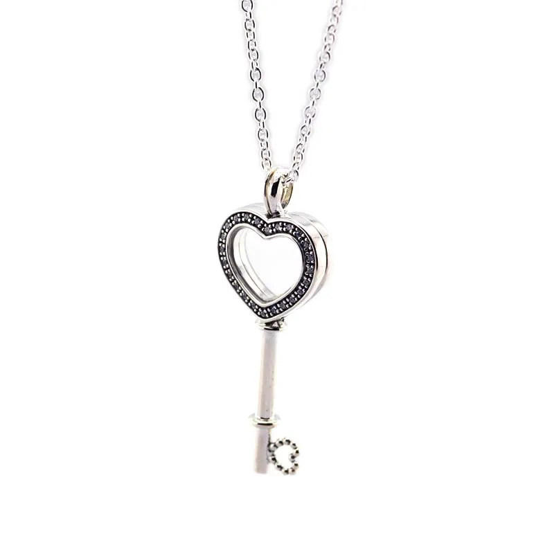 

925 Sterling Silver Floating Locket Heart Key Necklace & Pendant Fit Brand Petites DIY Necklace For Women Valentine's Day Gift