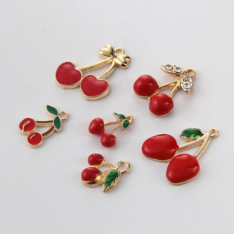 

5pcs Wholesale High Quality Fashion Antique Silver Charm Golden Fruit Red Cherry Charms Pendant For Necklace Jewelry Accessories