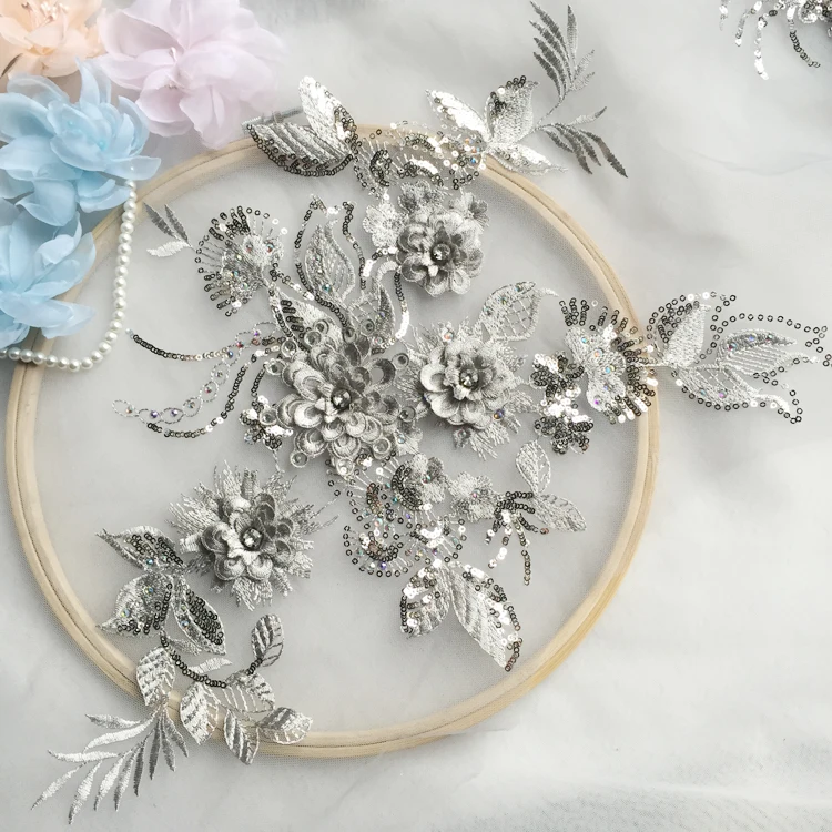 

Grey Beaded Lace Embroidery Big Flower Patch Children's Wedding Dress Costume DIY Decorative Flower Flower Stickers RS384