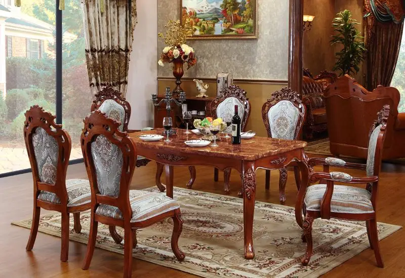 American Style Marble Table, New Classical High Grade Solid Wood Carving Rectangle Six Person Table European Style Dining Table