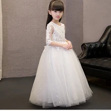 Белое Тюлевое платье с цветочной аппликацией и блестками для девочек бальное платье принцессы длиной до щиколотки, вечерние платья на свадьбу платья для первого причастия