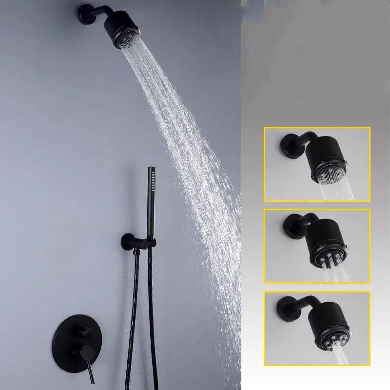 Wall mounted black brass bathroom shower faucet set three functions top