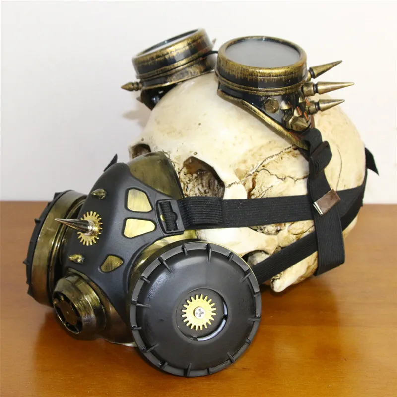 

Takerlama New Gold Rivet Black Rubber Black Pipeline Steampunk Masks Cosplay Props Anti-Fog Haze Respirator Unisex Gothic Mask